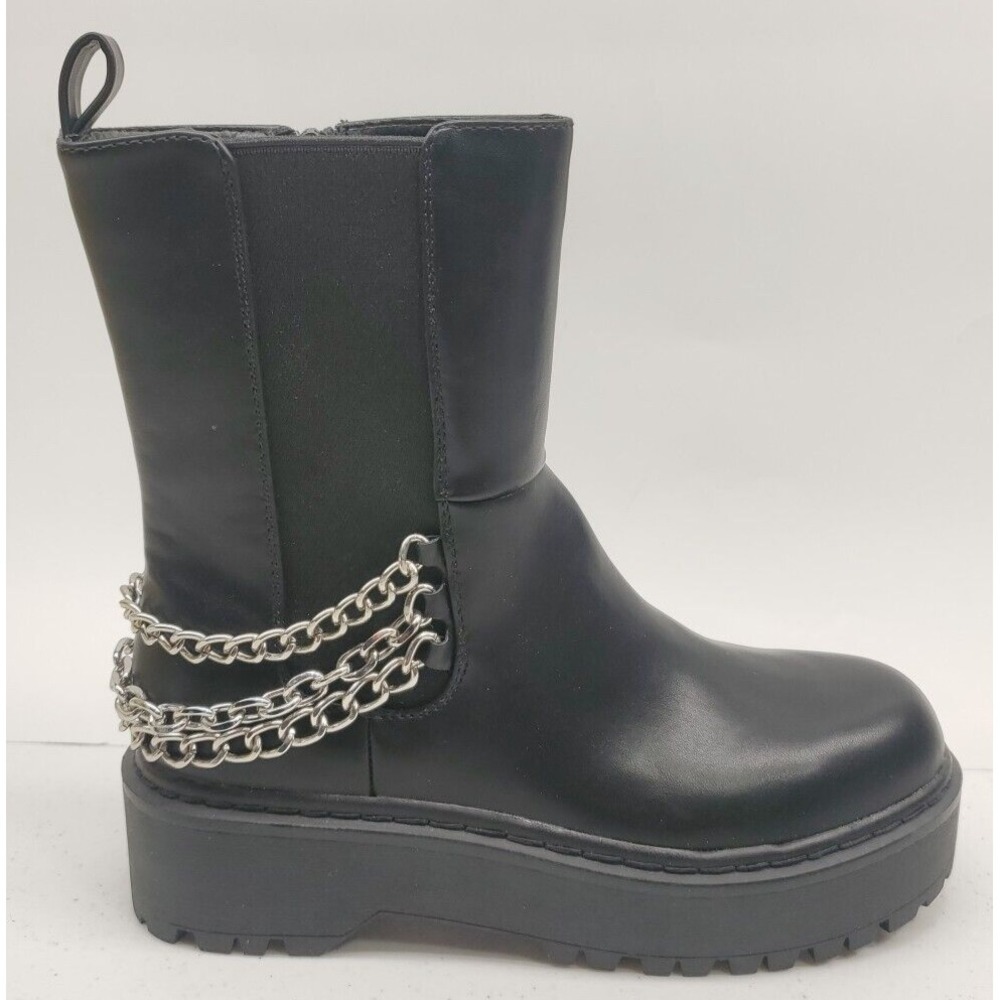 Wild Pair Women's Rocksann Chains Side Zip Lugged Combat Boots Black 6.5M NEW